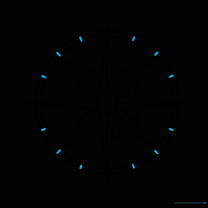 Adding small decorative tick marks around the outer circle of the compass.