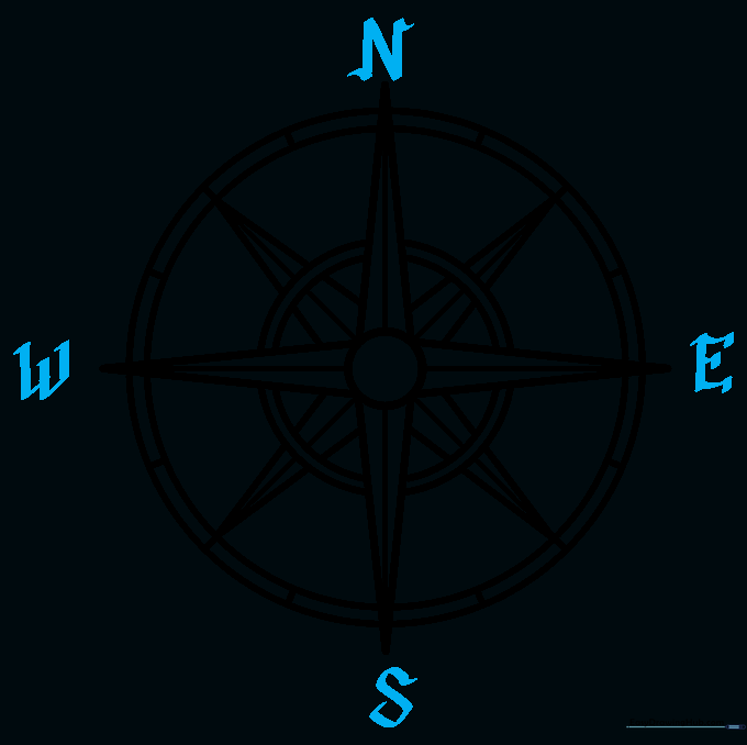 The letters N, S, E, and W written in elegant script at the tips of the cardinal rays.