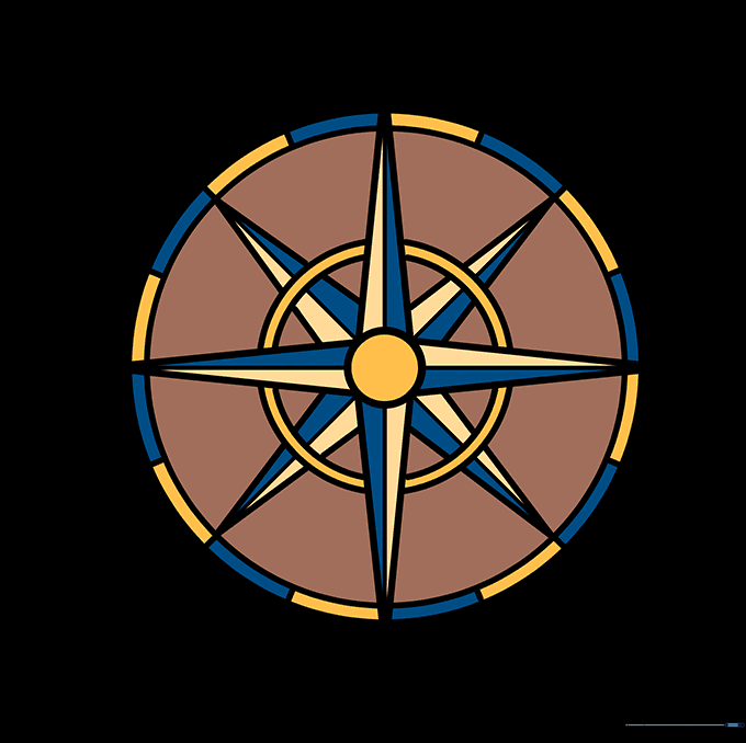 A finished, colored compass rose with blue, red, and gold accents.