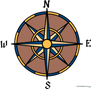 A vibrant, finished compass rose drawing, showcasing cardinal and intercardinal directions with classic nautical colors.