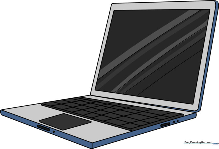 A vibrant, finished cartoon laptop drawing ready for coloring.