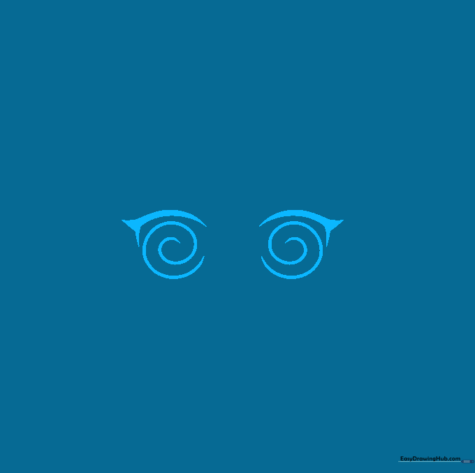 Line drawing showing two spiral anime eyes and two angled eyebrows meeting at a point.