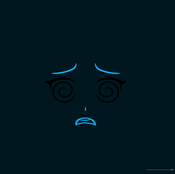 Close up of an anime face with furrowed brows, a small nose, and an open, confused mouth.