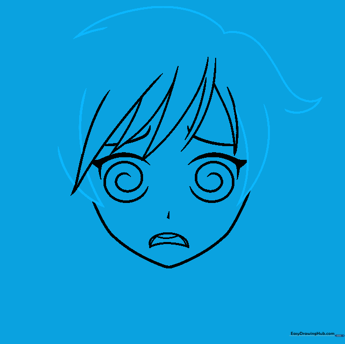 Drawing showing the progression of hair volume on top of the anime character's head.