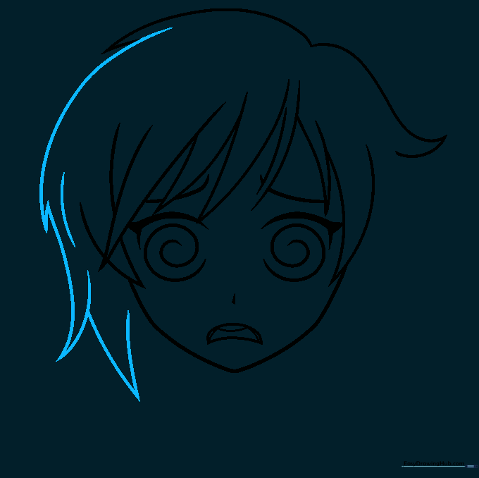 Detailed sketch of hair strands extending down the side of the character's face.