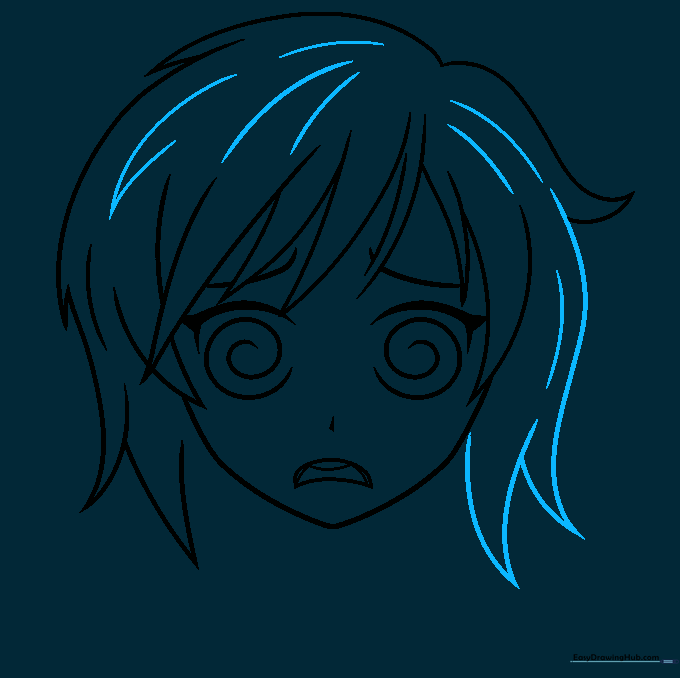 Symmetrical hair style completed for the anime character with added texture lines.