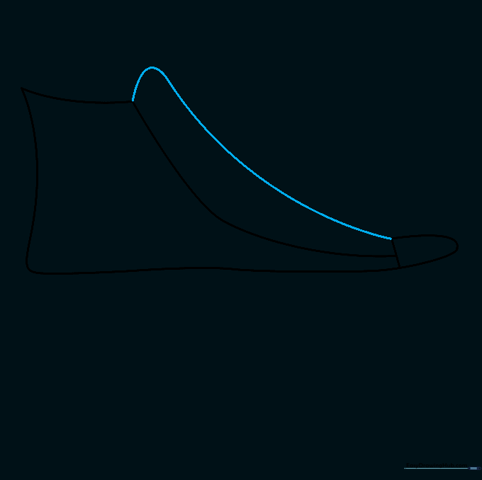 Drawing the tongue and vamp area of the sneaker with a long curved line.