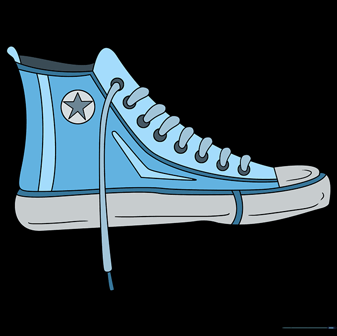 A fully colored, vibrant cartoon high-top sneaker drawing.