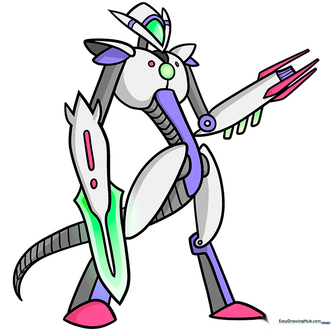 Finished, fully colored cool robot drawing with metallic and neon accents.
