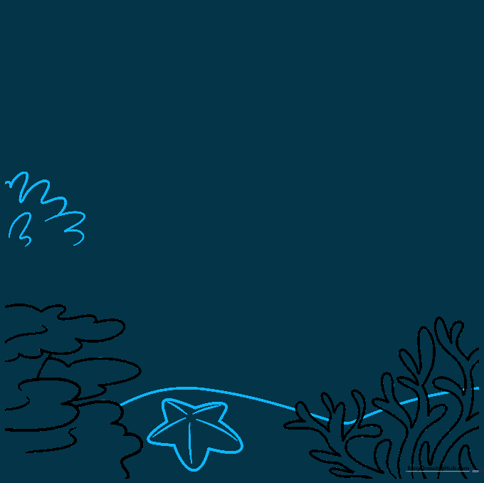 Sketch of a starfish on the ocean floor with wavy sponge shapes nearby.