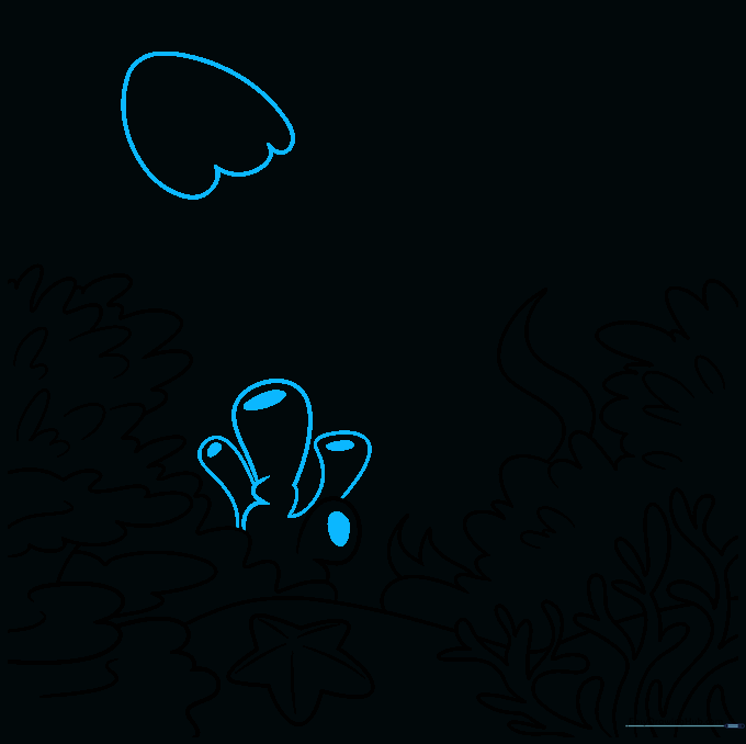 Adding a large sponge and the bell of a jellyfish to the upper portion of the drawing.