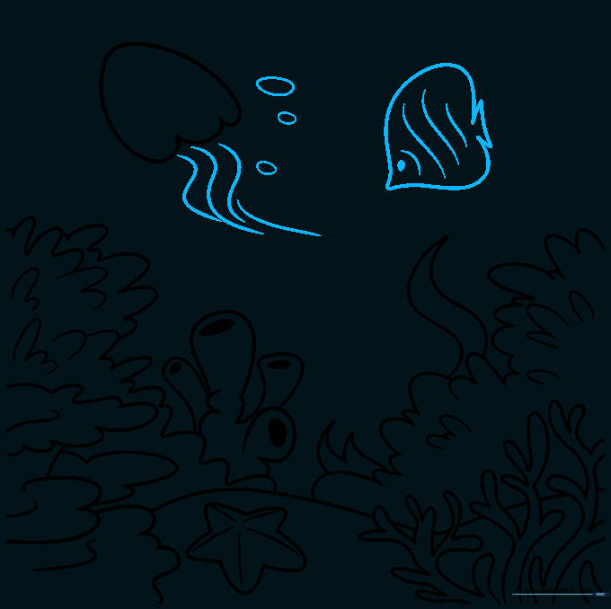 Finalizing the drawing by adding jellyfish tentacles and a small tropical fish.