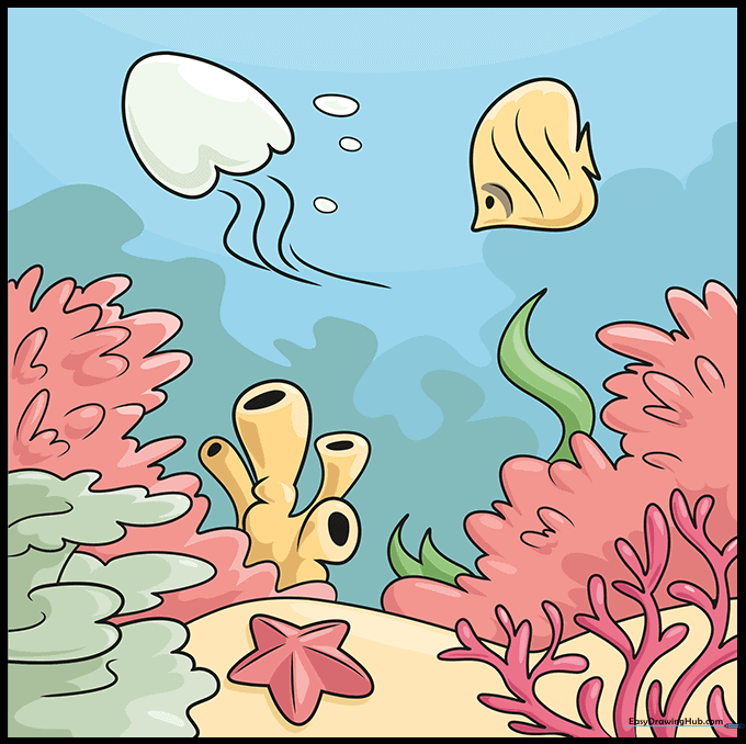 A fully colored, vibrant cartoon coral reef drawing.