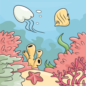 A colorful, finished illustration of a thriving coral reef with various sea creatures.