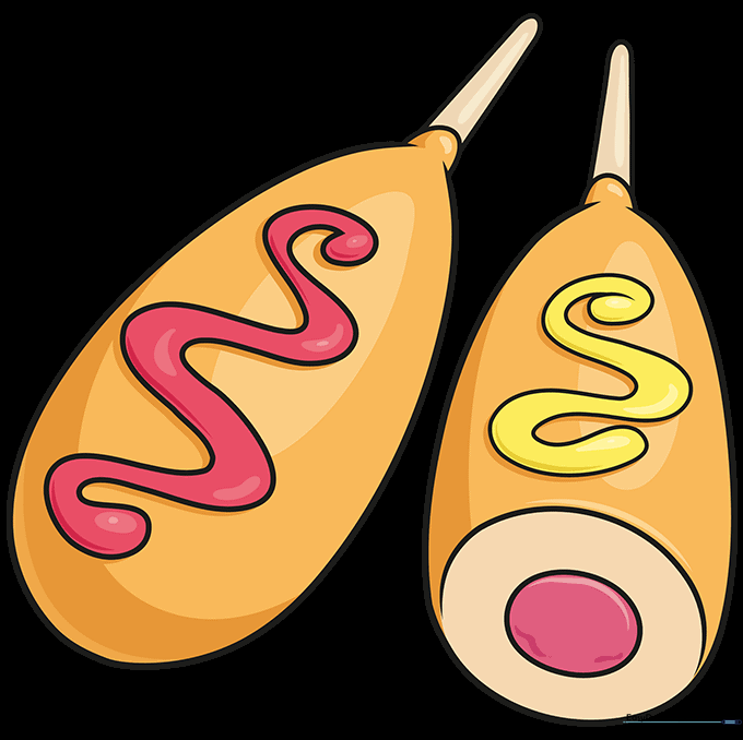 A fully colored, cartoon-style corn dog drawing with mustard and ketchup.