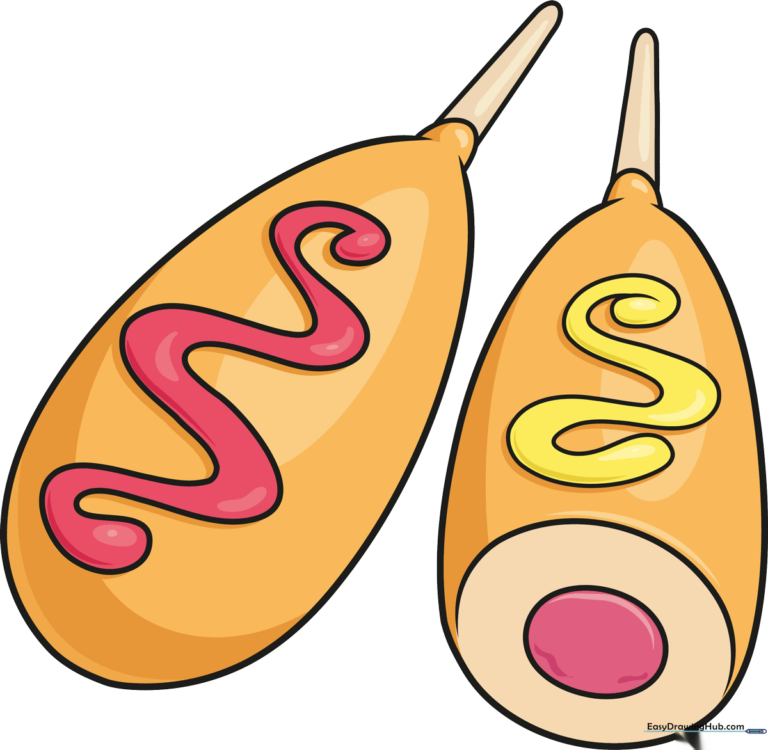 A vibrant, finished illustration of two corn dogs with colorful sauce, ready for a carnival theme.