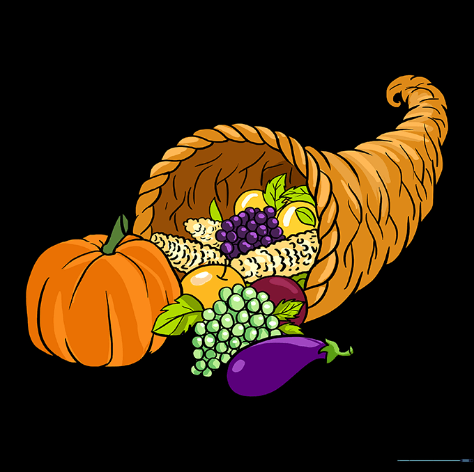 A fully colored cornucopia drawing with vibrant autumn colors.