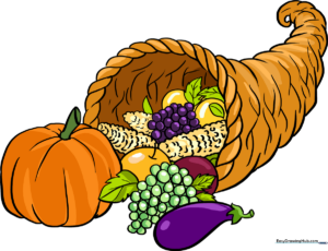 A beautifully colored, finished cornucopia drawing overflowing with harvest fruits and vegetables.