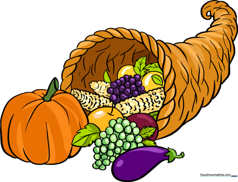 A beautifully colored, finished cornucopia drawing overflowing with harvest fruits and vegetables.