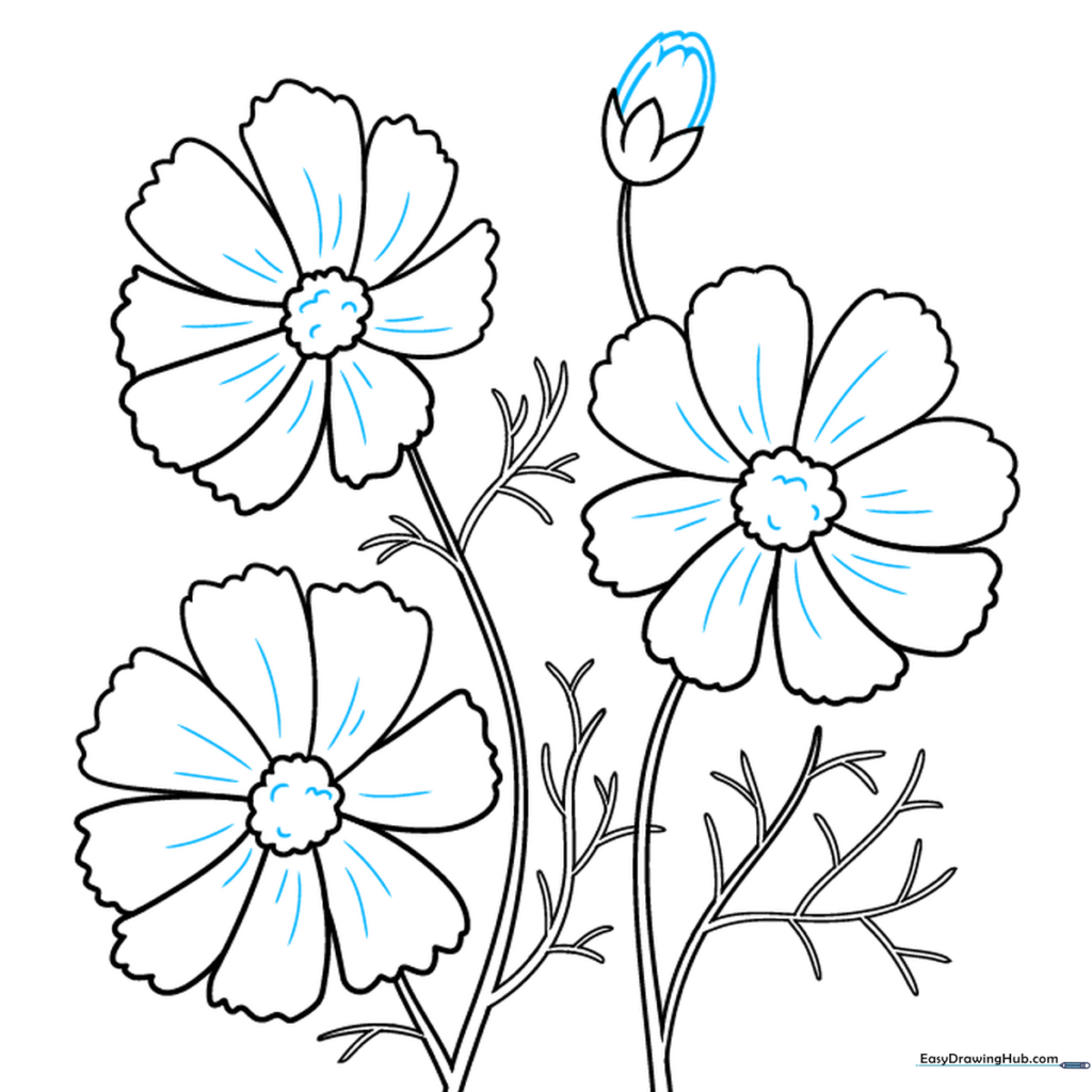 Adding final texture details to the flower centers and cleaning up the sketch.