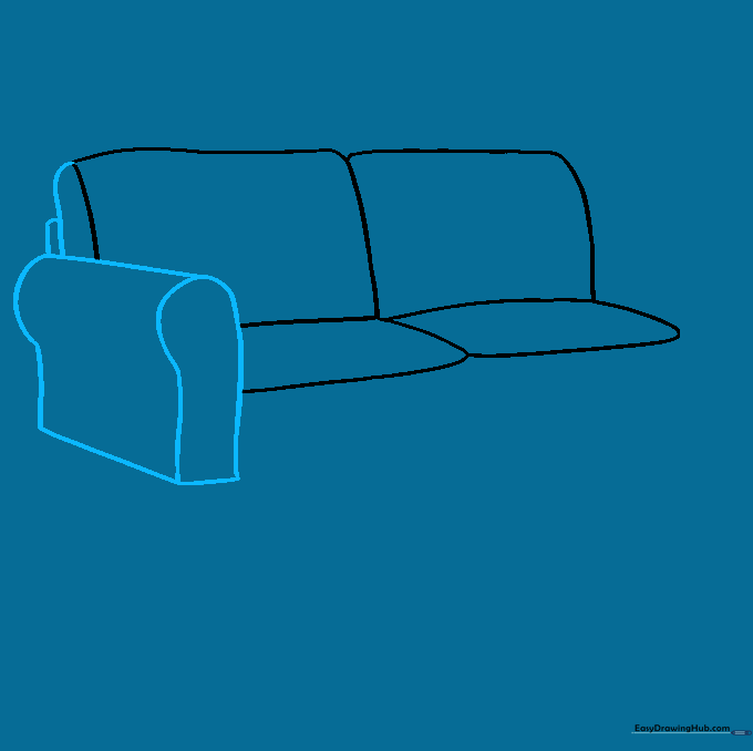 Detailed drawing of a couch armrest with a rounded corner and a keyhole-shaped front panel.