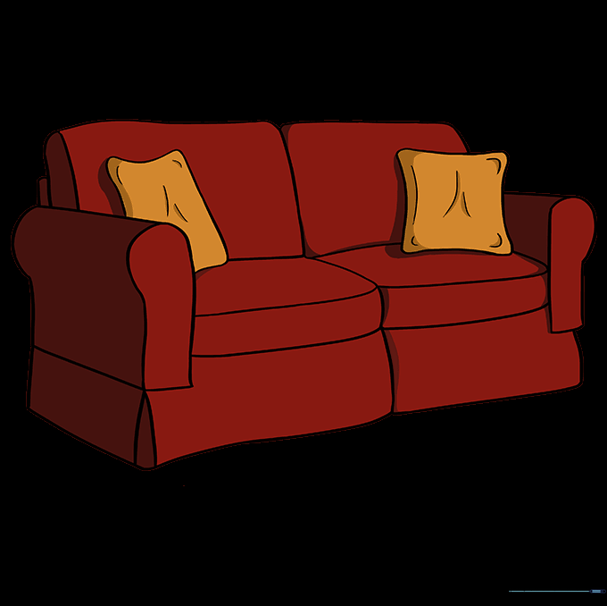 A fully colored, finished couch drawing with decorative pillows.