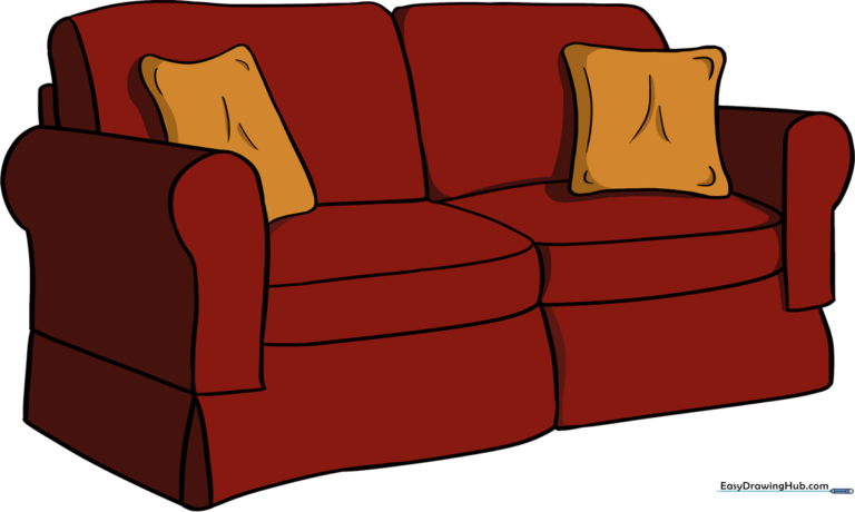 A colorful, finished illustration of a cozy couch, perfect for kids to use as a reference.