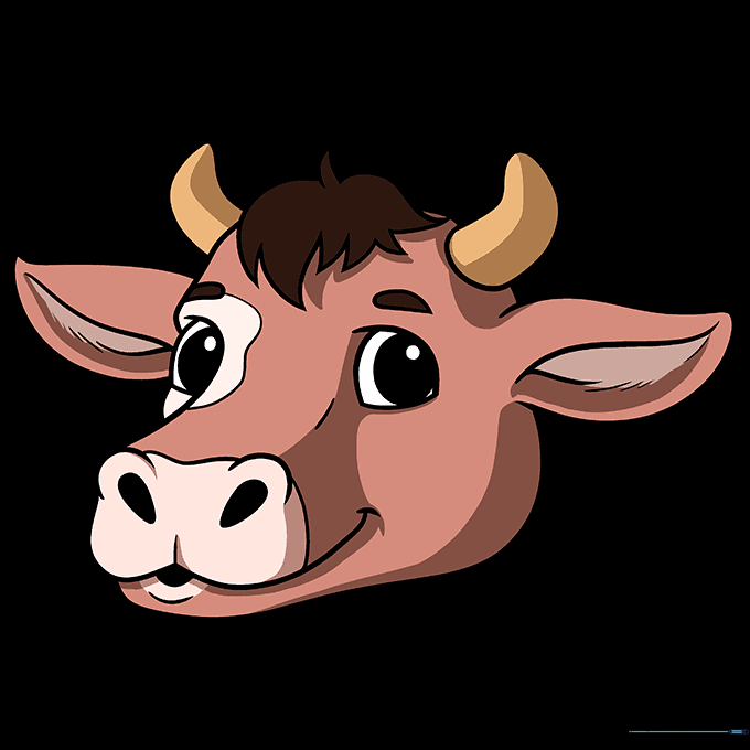 Fully colored cartoon cow face with brown patches and yellow horns