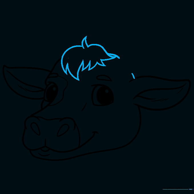 Sketching a messy tuft of hair on top of the cow's head