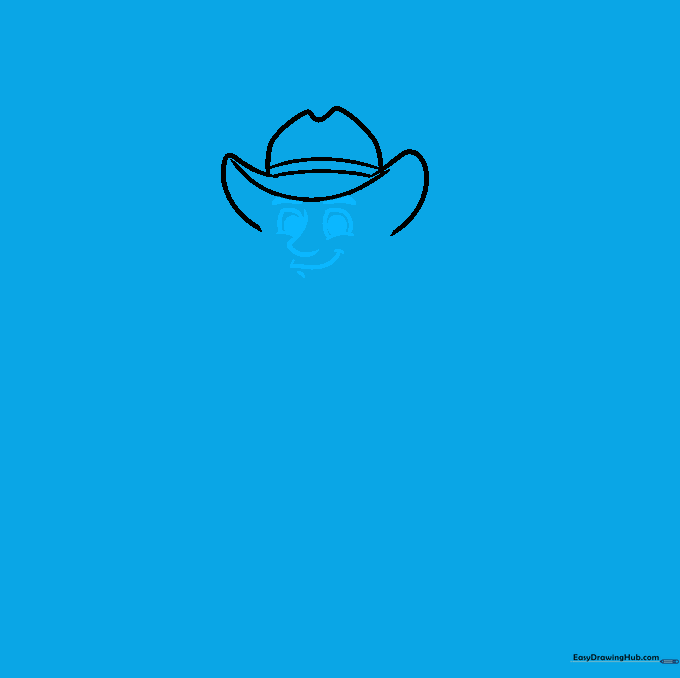 Close up of a cartoon cowboy face with eyes, nose, and mouth details