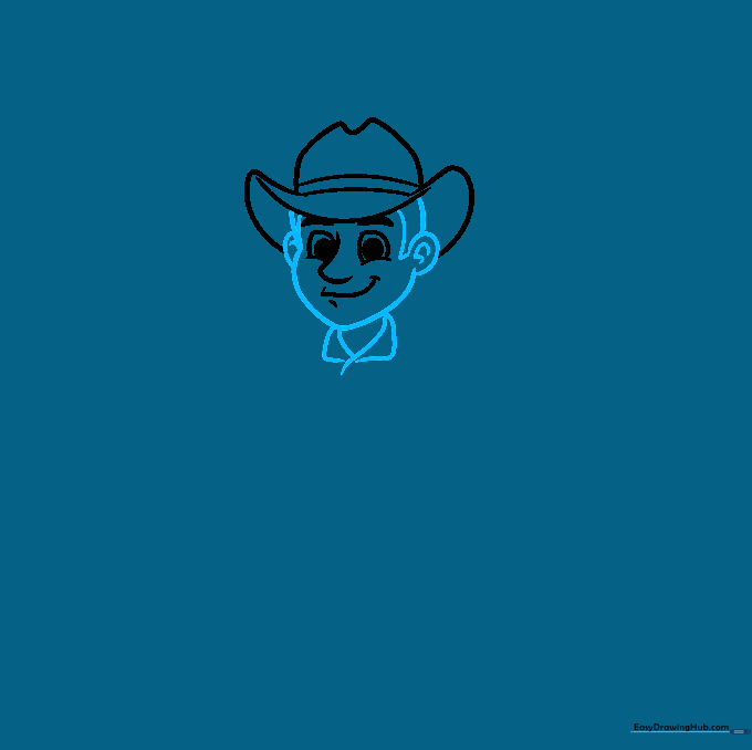 Drawing of a cowboy head with ears, sideburns, and shirt collar