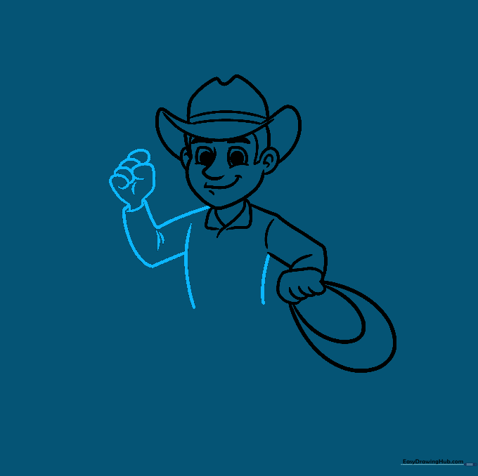 Drawing of a cowboy torso and arms with detailed sleeve and hand contours