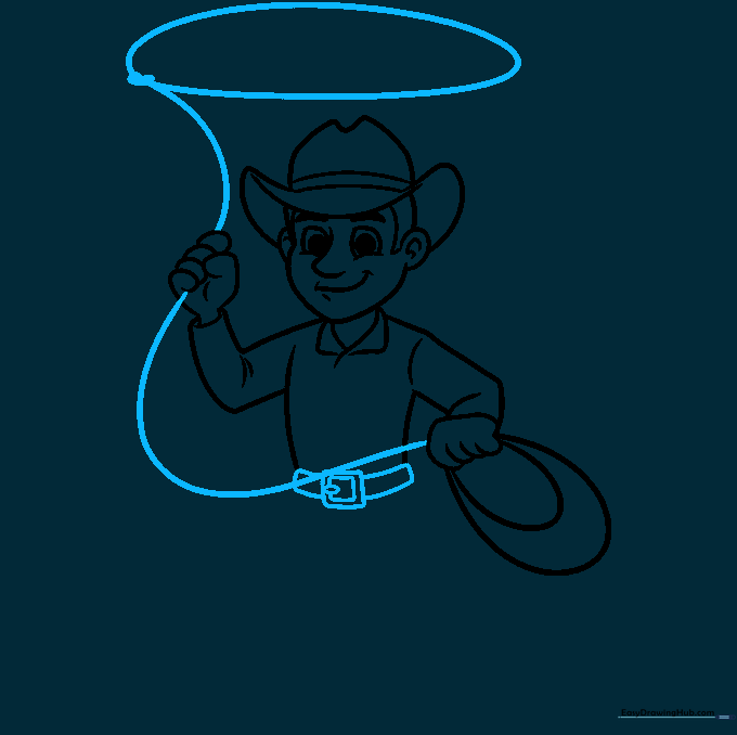 Cowboy drawing showing the completed lasso and a detailed belt buckle