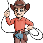 Colorful illustration of a friendly cowboy holding a lasso