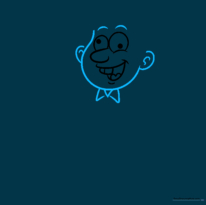 Outline of a cartoon head with ears, neck, and shirt collar.