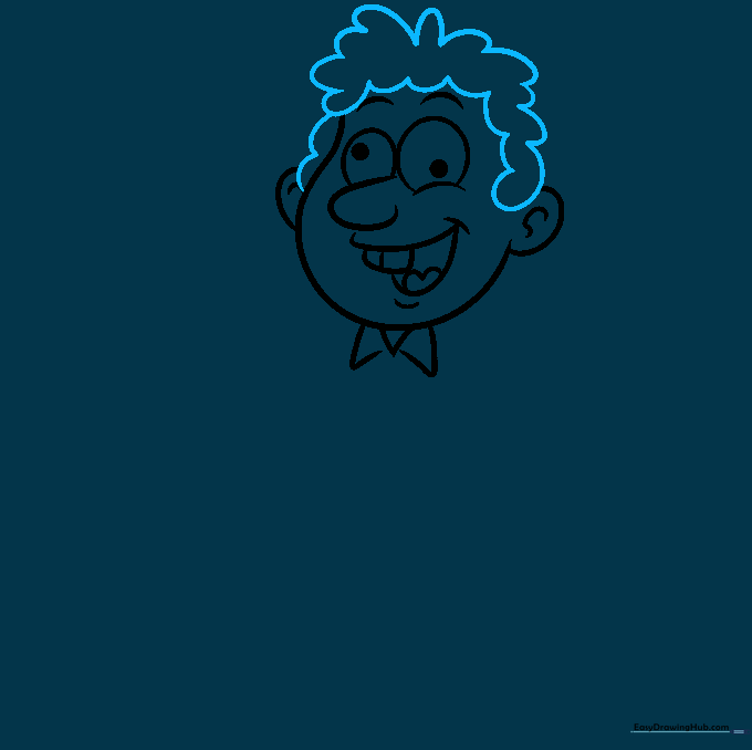 Adding messy, wild hair to the cartoon character sketch.