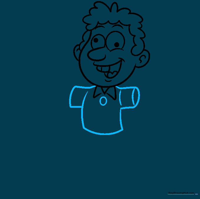 Sketching the torso, shoulders, and shirt button of the character.