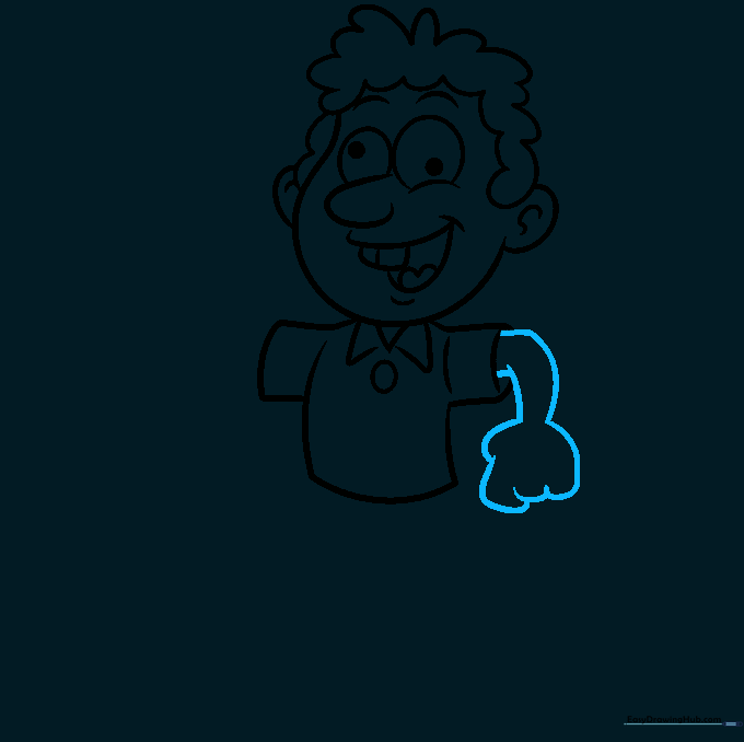 Drawing the first arm and clenched fist for the cartoon character.