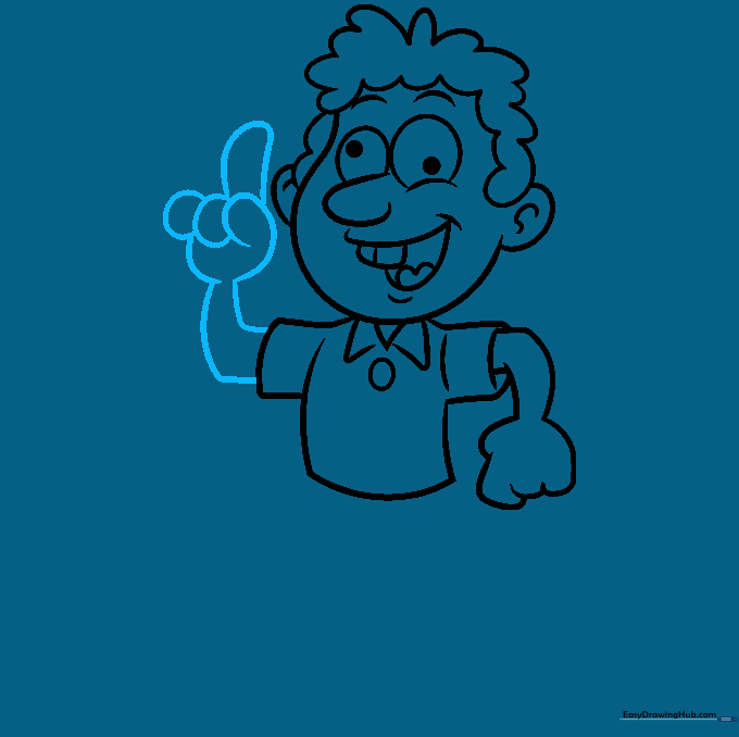 Drawing the second arm and hand for the cartoon character.
