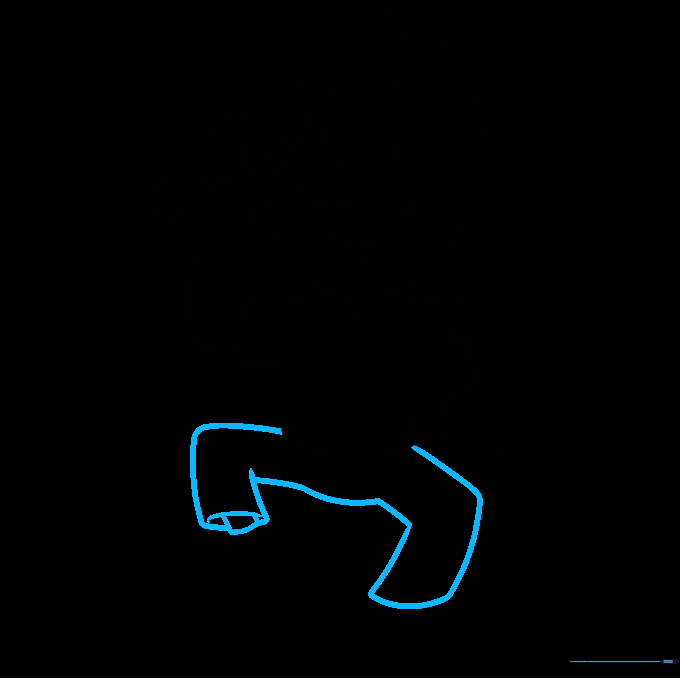 Drawing the legs with bent knees for the cartoon character.