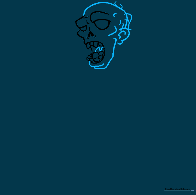 Drawing the head outline, ear, and jawline for the zombie character.