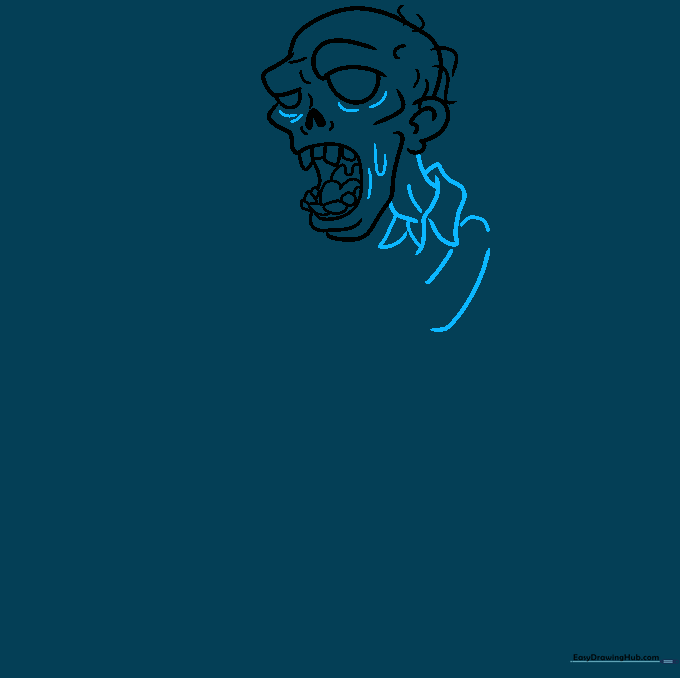 Sketching the zombie's neck and shoulder area with jagged, tattered clothing lines.