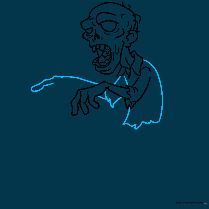 Outlining the torso and second arm of the zombie character.