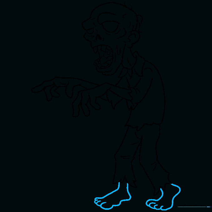 Sketching the zombie's feet with wavy, cartoon-style toes.