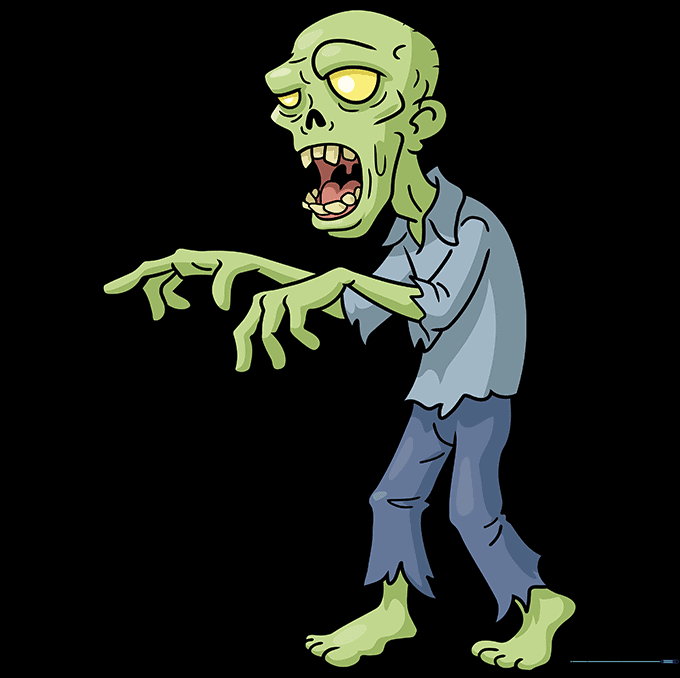 Final colored version of the cartoon zombie with green skin and tattered clothes.