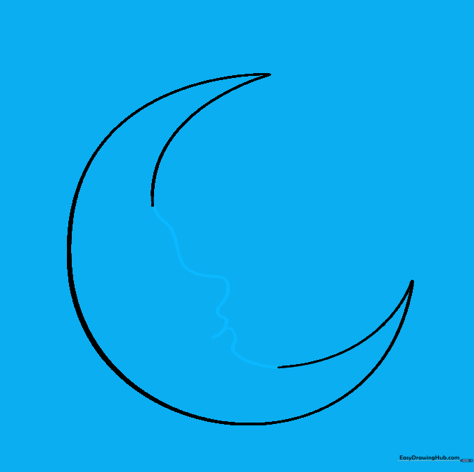 Facial features including a brow, nose, and lips sketched onto the inner curve of the moon.