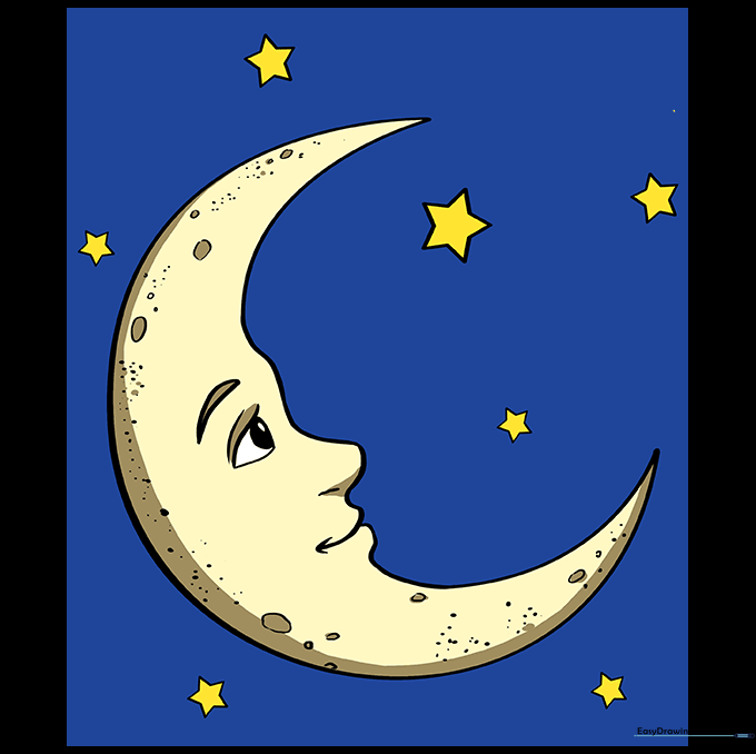 The finished crescent moon drawing fully colored with yellow and a dark background.
