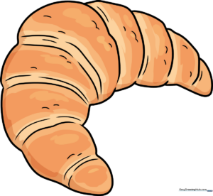 A vibrant, finished cartoon croissant illustration with golden-brown shading.