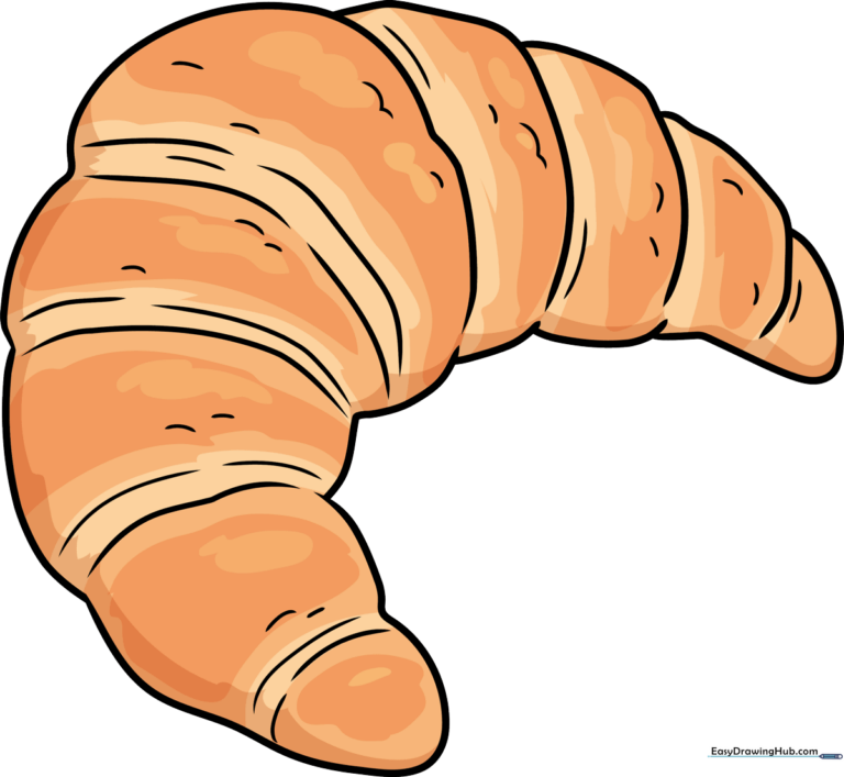 A vibrant, finished cartoon croissant illustration with golden-brown shading.