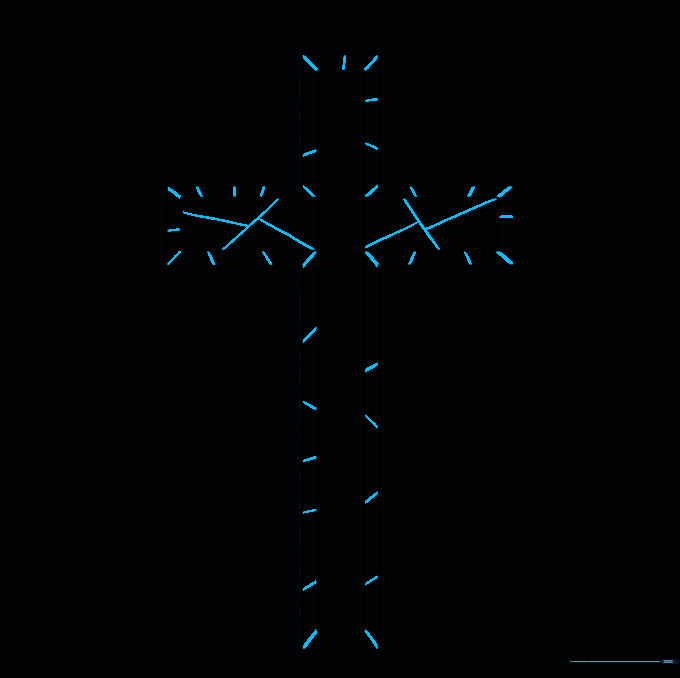 The cross outline filled with various slanted lines to create geometric stained glass patterns.